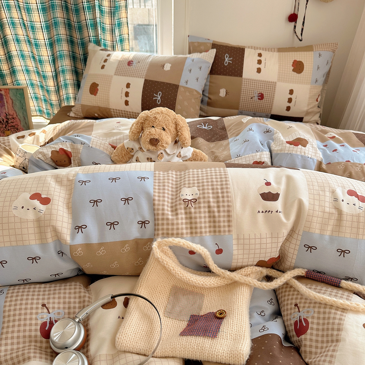 91家纺网 家纺一手货源 找家纺 桃子家居 2026新款ins小清新费尔岛猫咪全棉纯棉印花四件套 棉-少女黑皮猫