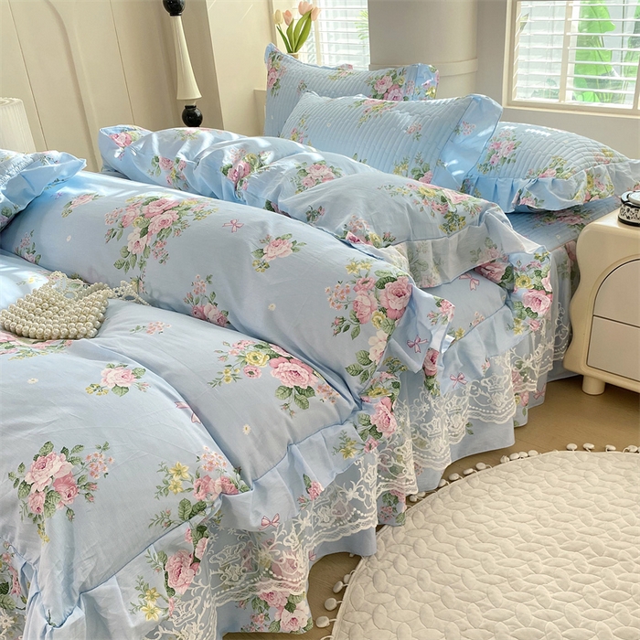 乐逸家纺 2025新款100%纯棉全棉印花法式风情蕾丝花边床裙床盖款四件套 玫瑰风情-蓝