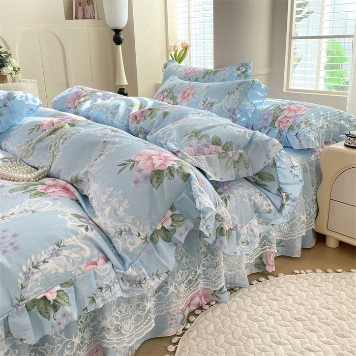 乐逸家纺 2025新款100%纯棉全棉印花法式风情蕾丝花边床裙床盖款四件套 诺曼底庄园-蓝