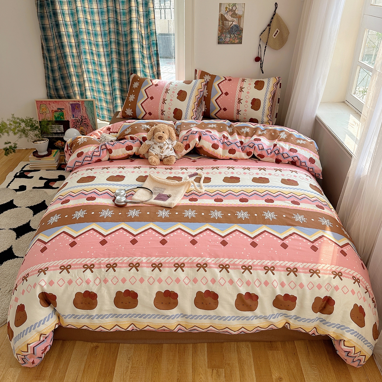 91家纺网 家纺一手货源 找家纺 桃子家居 2026新款ins小清新费尔岛猫咪全棉纯棉印花四件套 棉-甜粉樱桃猫