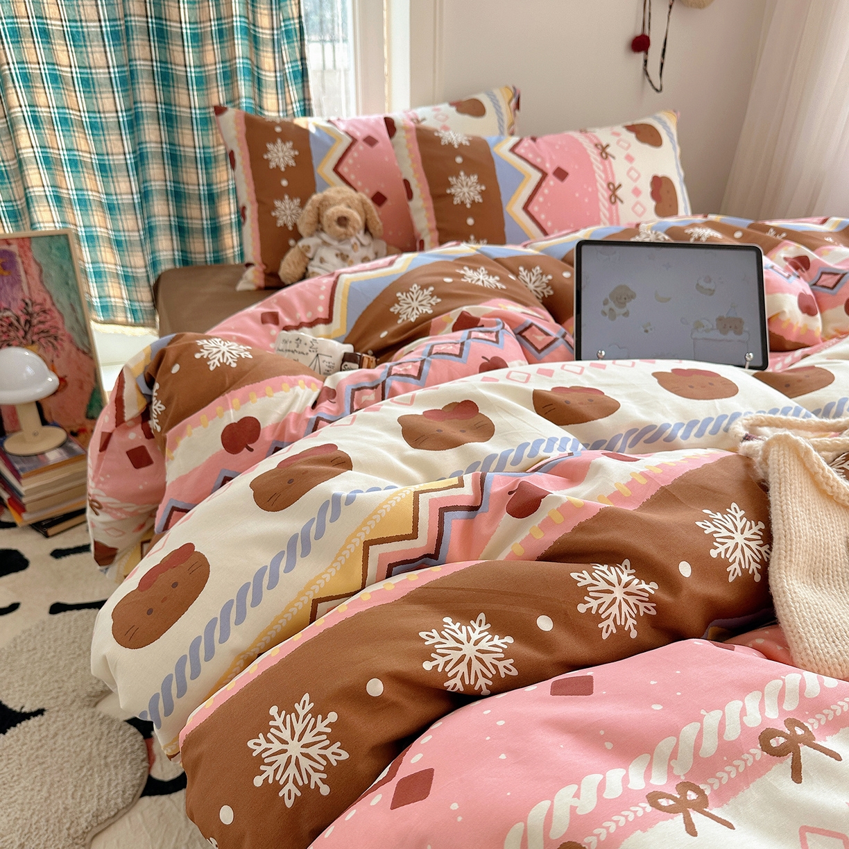 91家纺网 家纺一手货源 找家纺 桃子家居 2026新款ins小清新费尔岛猫咪全棉纯棉印花四件套 棉-甜粉樱桃猫