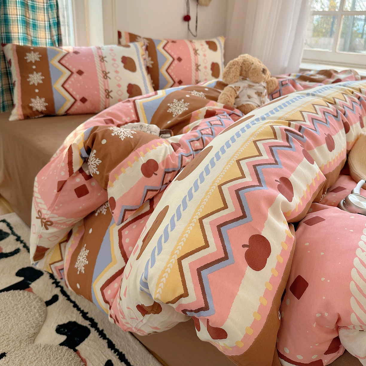 91家纺网 家纺一手货源 找家纺 桃子家居 2026新款ins小清新费尔岛猫咪全棉纯棉印花四件套 棉-甜粉樱桃猫