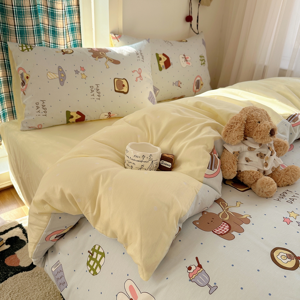 91家纺网 家纺一手货源 找家纺 桃子家居 2026新款ins小清新费尔岛猫咪全棉纯棉印花四件套 棉-甜甜日记