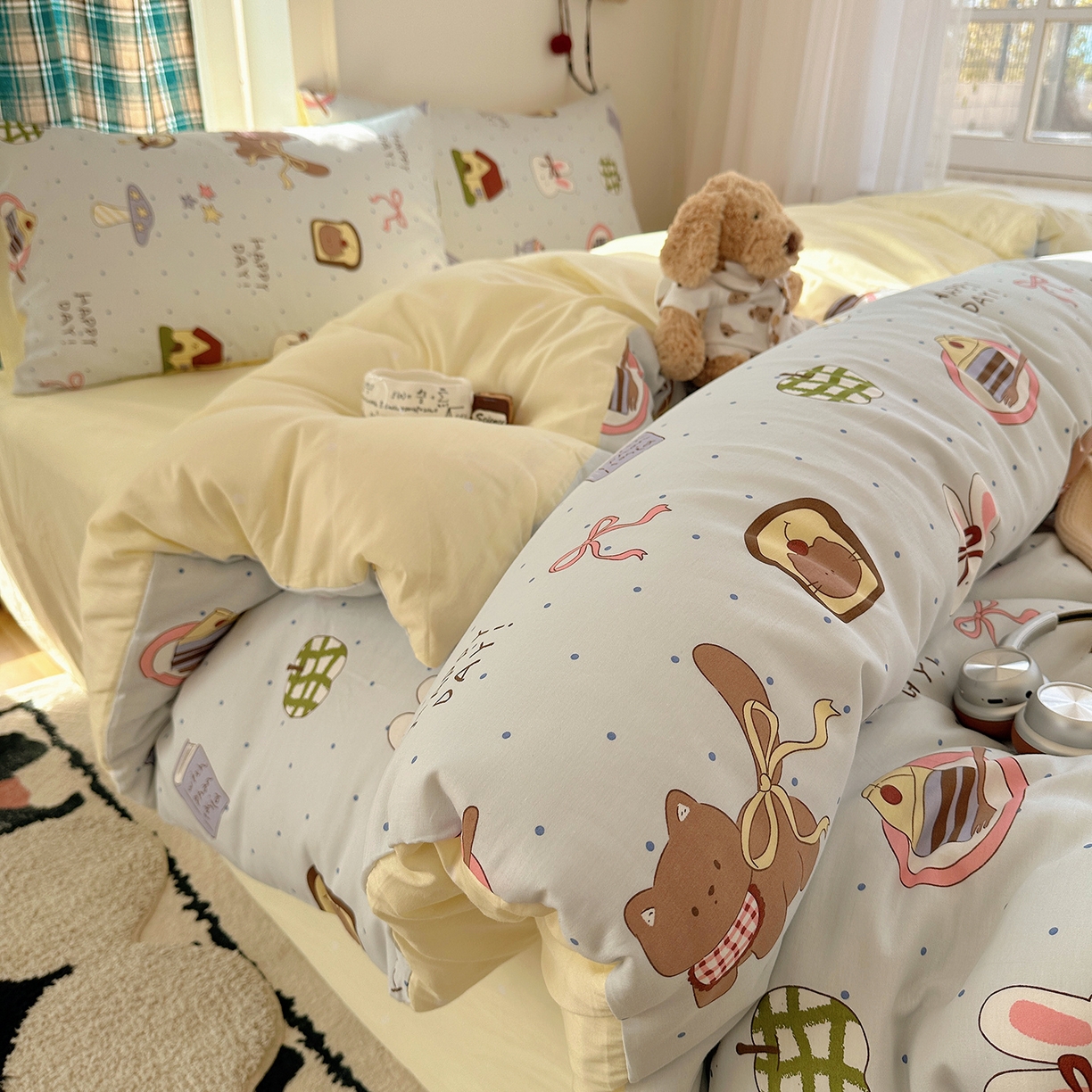 91家纺网 家纺一手货源 找家纺 桃子家居 2026新款ins小清新费尔岛猫咪全棉纯棉印花四件套 棉-甜甜日记