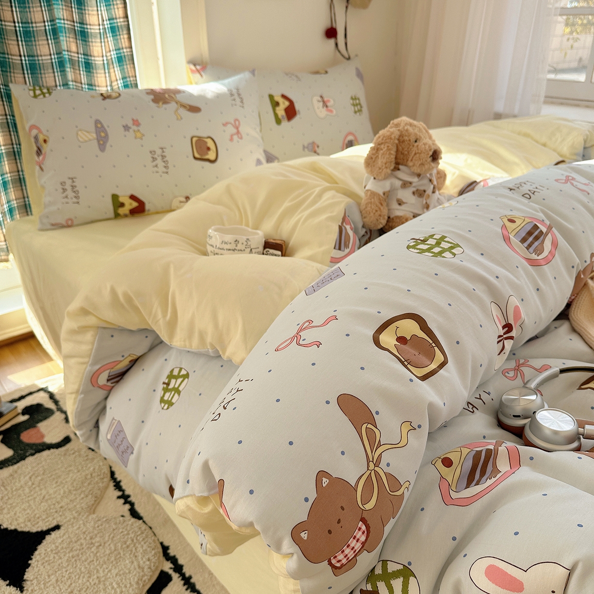 91家纺网 家纺一手货源 找家纺 桃子家居 2026新款ins小清新费尔岛猫咪全棉纯棉印花四件套 棉-甜甜日记