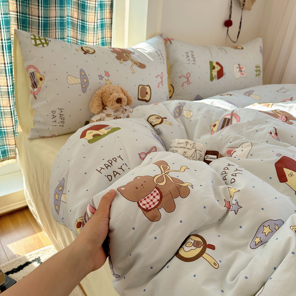 91家纺网 家纺一手货源 找家纺 桃子家居 2026新款ins小清新费尔岛猫咪全棉纯棉印花四件套 棉-甜甜日记