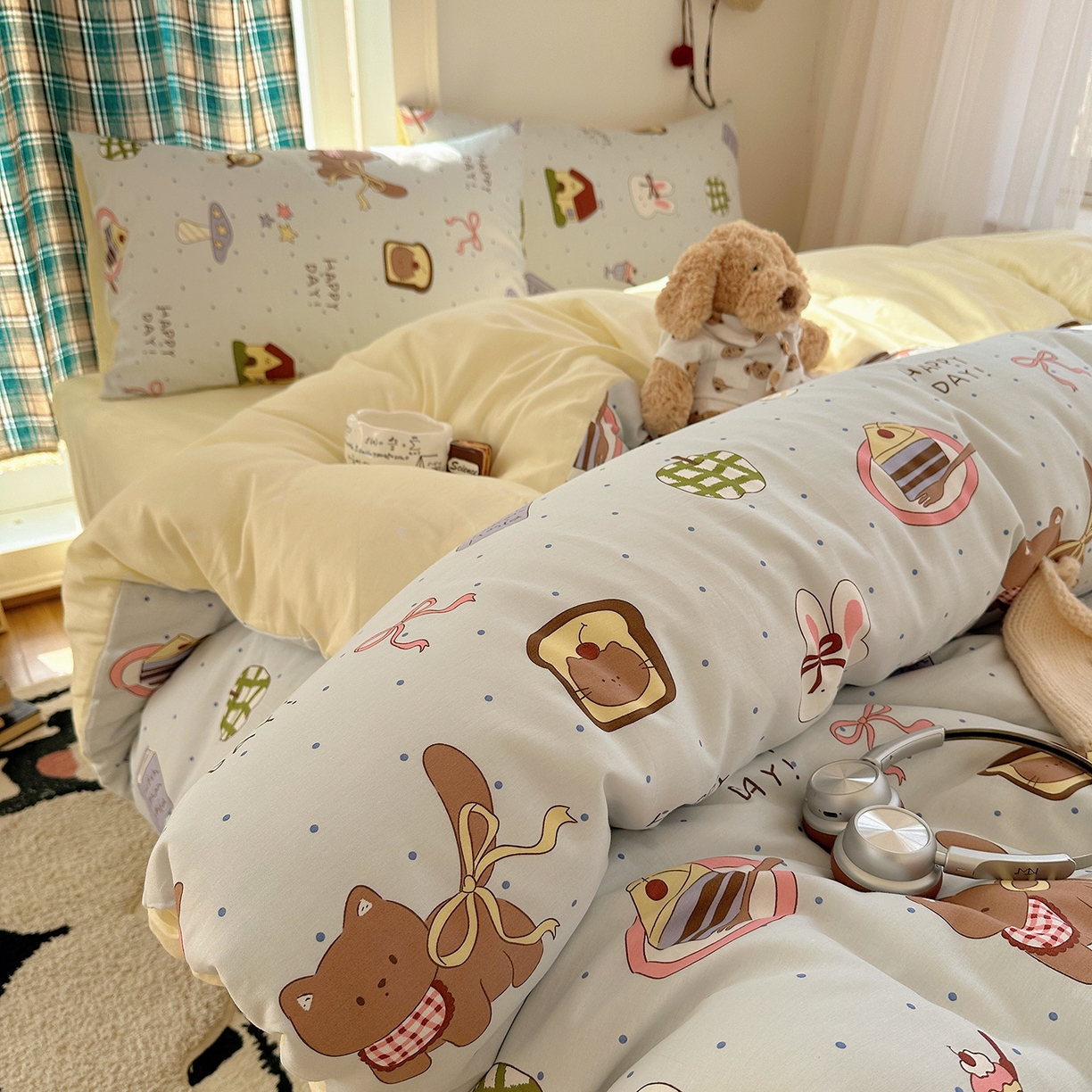 91家纺网 家纺一手货源 找家纺 桃子家居 2026新款ins小清新费尔岛猫咪全棉纯棉印花四件套 棉-甜甜日记