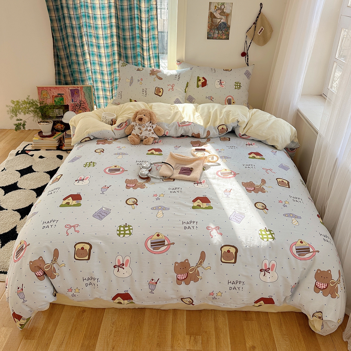 91家纺网 家纺一手货源 找家纺 桃子家居 2026新款ins小清新费尔岛猫咪全棉纯棉印花四件套 棉-甜甜日记