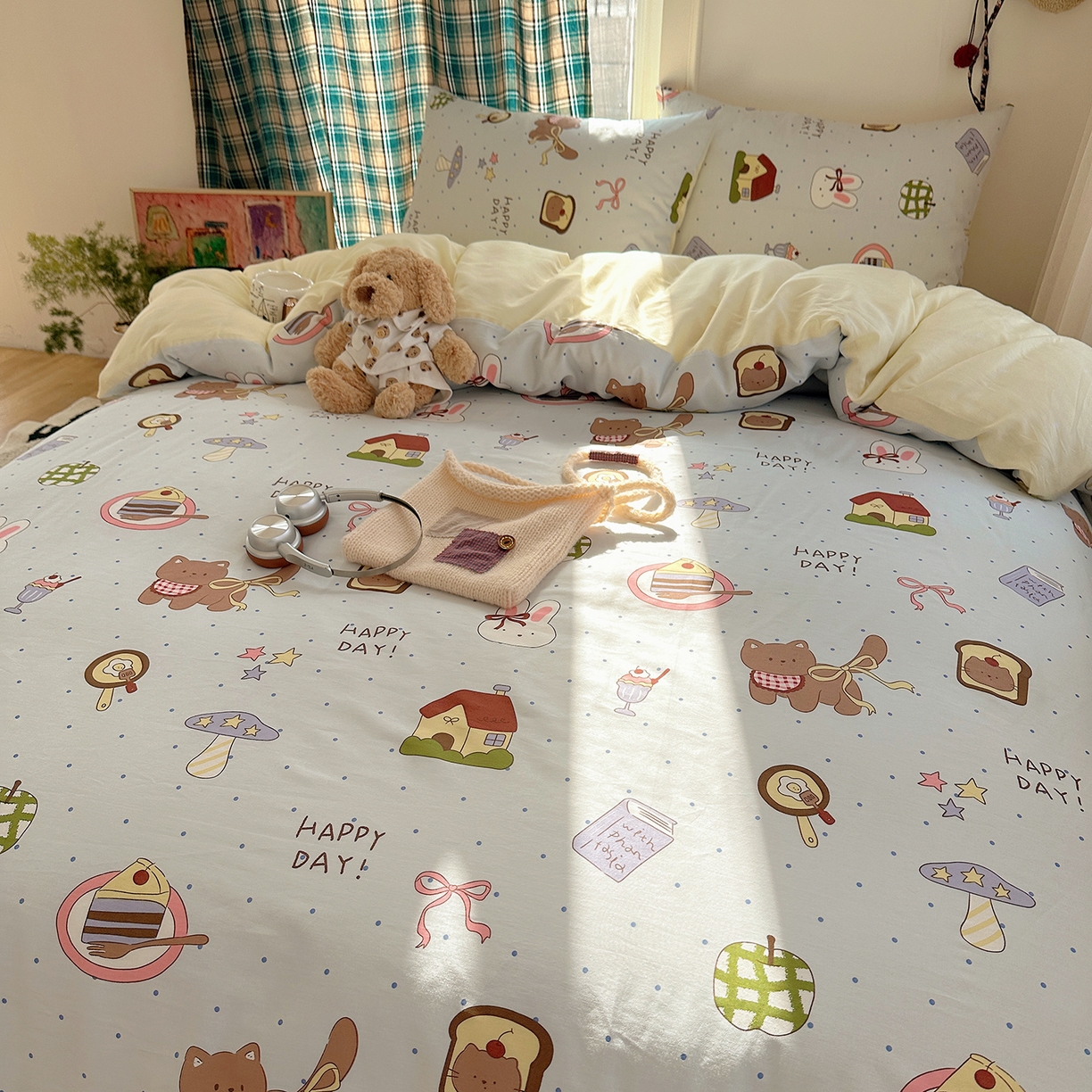 91家纺网 家纺一手货源 找家纺 桃子家居 2026新款ins小清新费尔岛猫咪全棉纯棉印花四件套 棉-甜甜日记