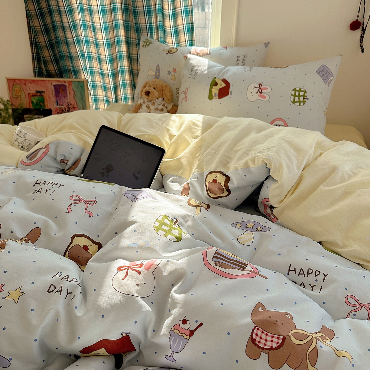 91家纺网 家纺一手货源 找家纺 桃子家居 2026新款ins小清新费尔岛猫咪全棉纯棉印花四件套 棉-甜甜日记