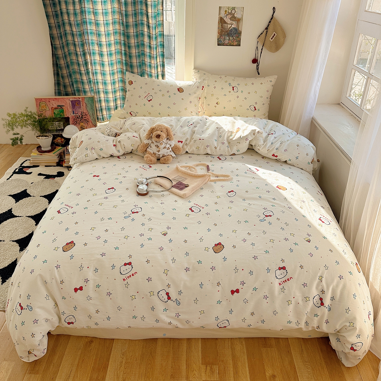 91家纺网 家纺一手货源 找家纺 桃子家居 2026新款ins小清新费尔岛猫咪全棉纯棉印花四件套 棉-星星猫咪