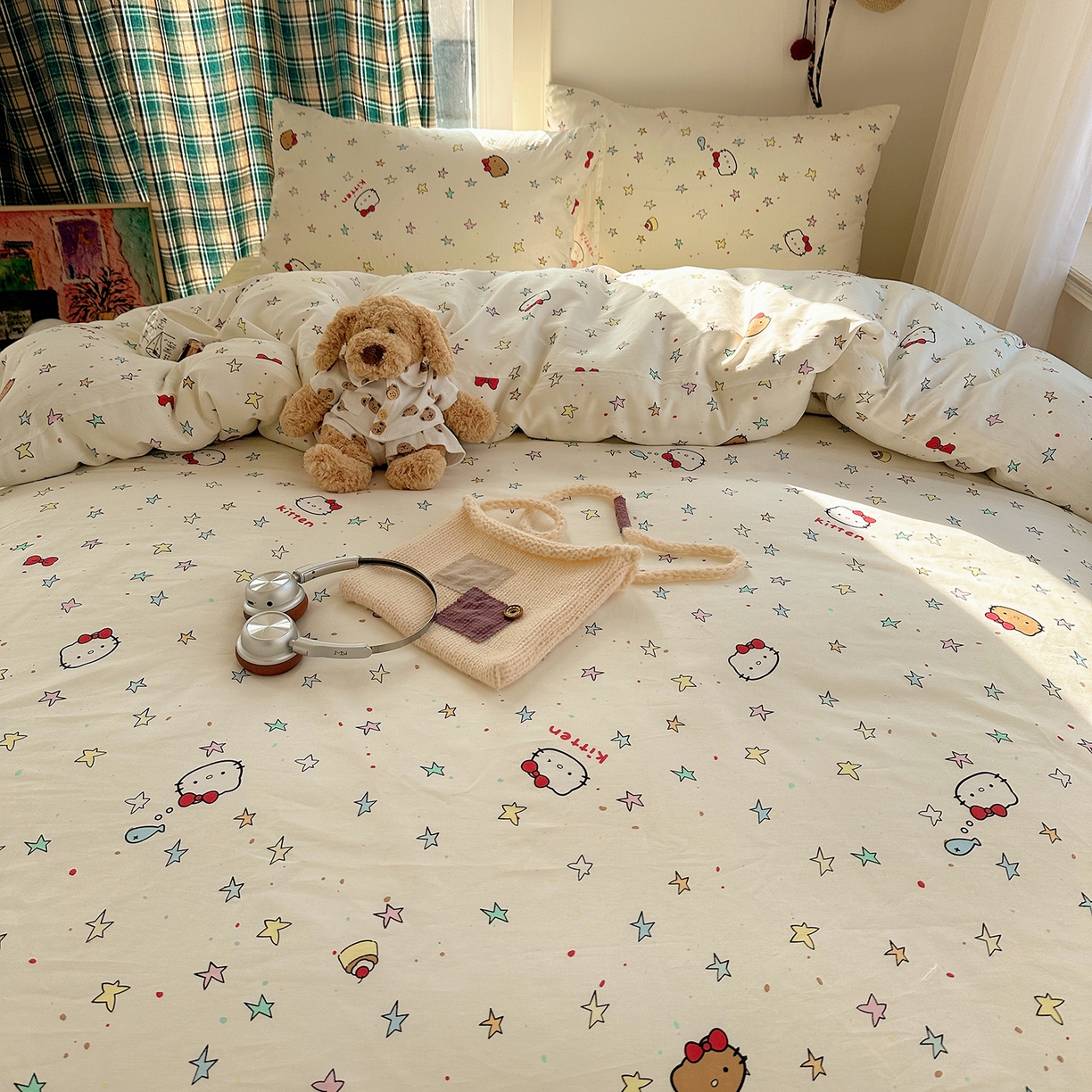 91家纺网 家纺一手货源 找家纺 桃子家居 2026新款ins小清新费尔岛猫咪全棉纯棉印花四件套 棉-星星猫咪