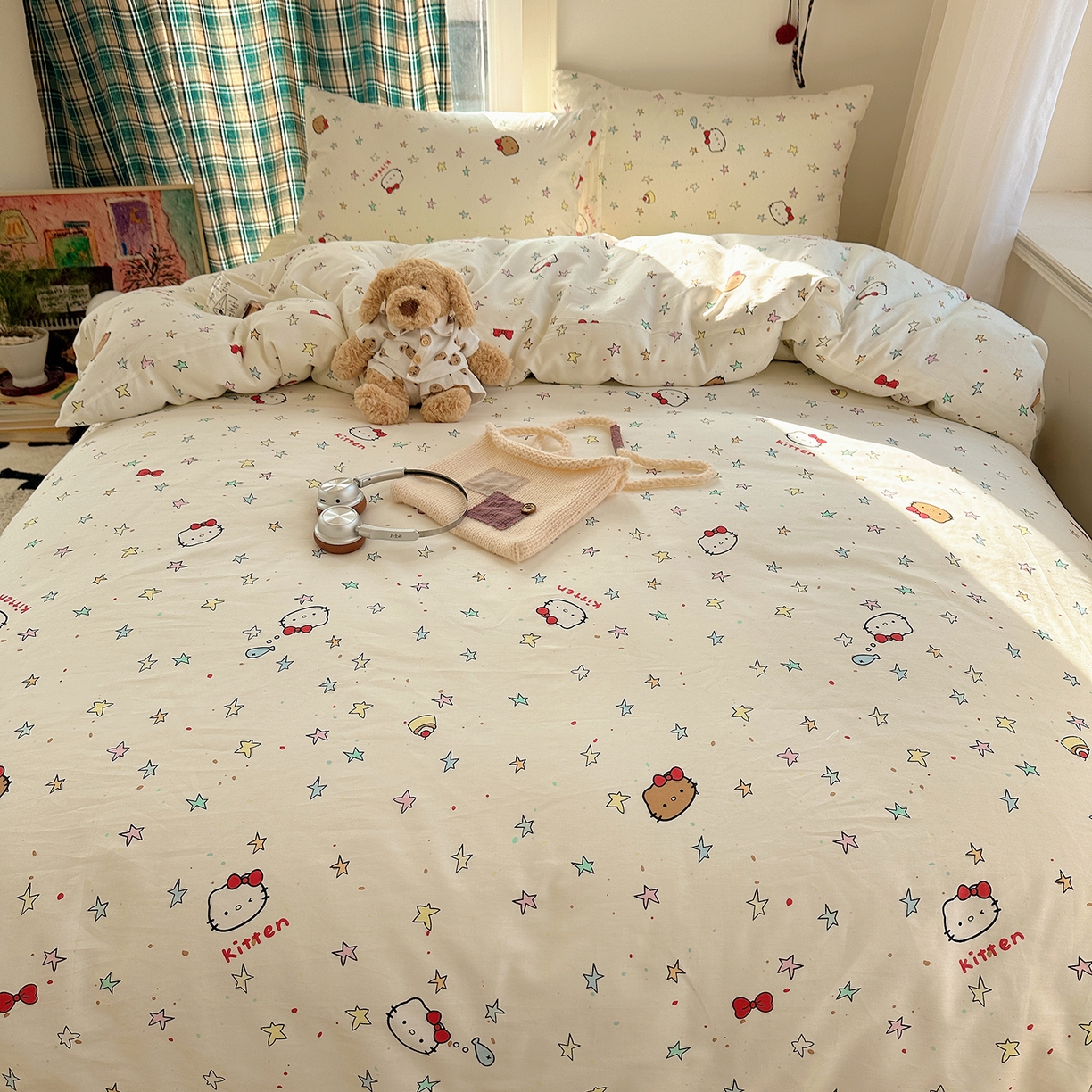 91家纺网 家纺一手货源 找家纺 桃子家居 2026新款ins小清新费尔岛猫咪全棉纯棉印花四件套 棉-星星猫咪