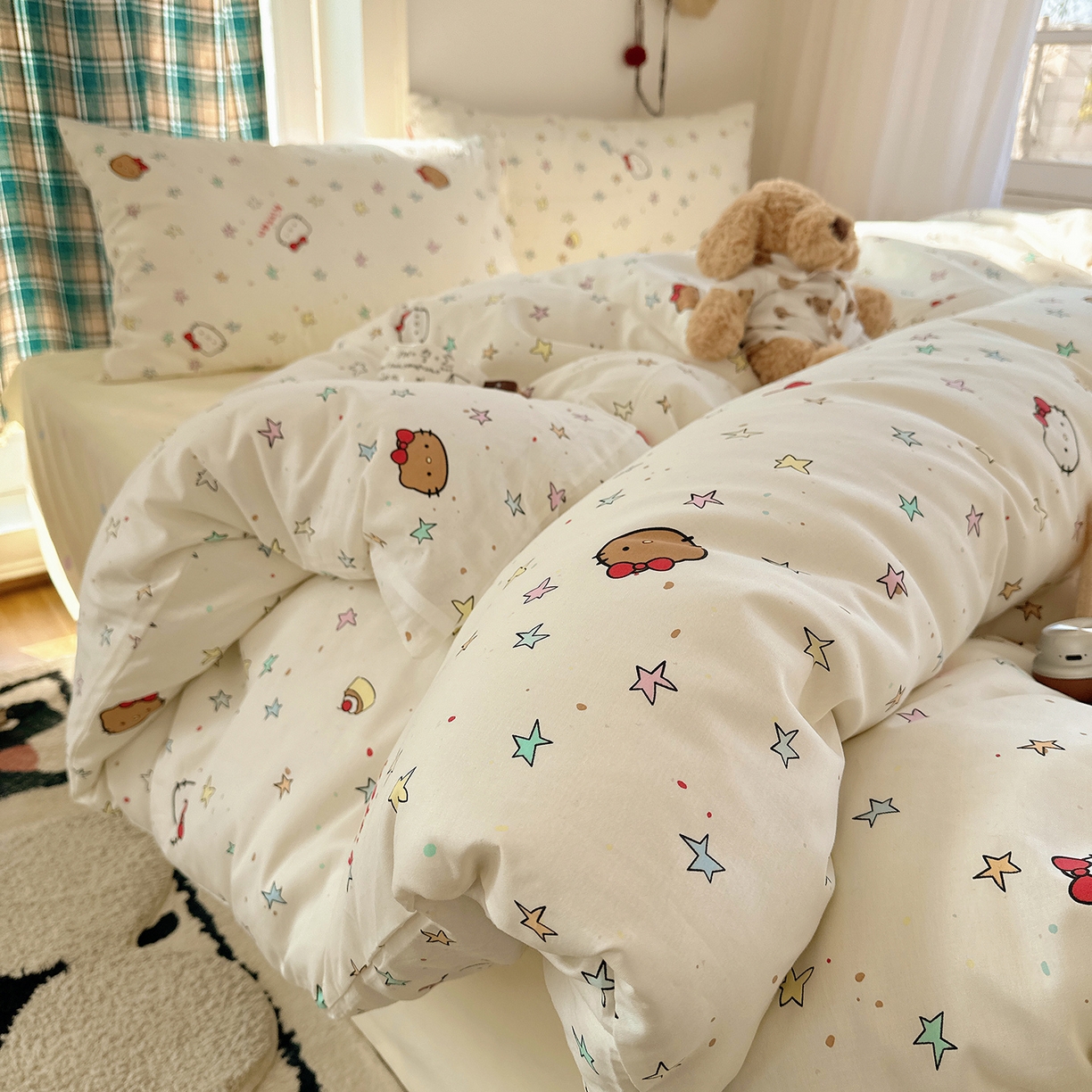 91家纺网 家纺一手货源 找家纺 桃子家居 2026新款ins小清新费尔岛猫咪全棉纯棉印花四件套 棉-星星猫咪