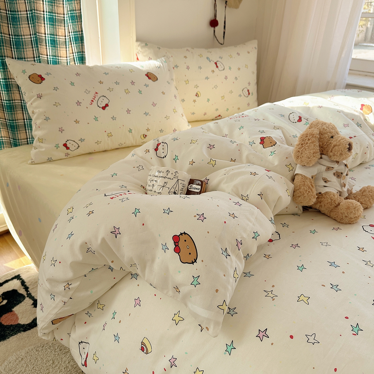 91家纺网 家纺一手货源 找家纺 桃子家居 2026新款ins小清新费尔岛猫咪全棉纯棉印花四件套 棉-星星猫咪