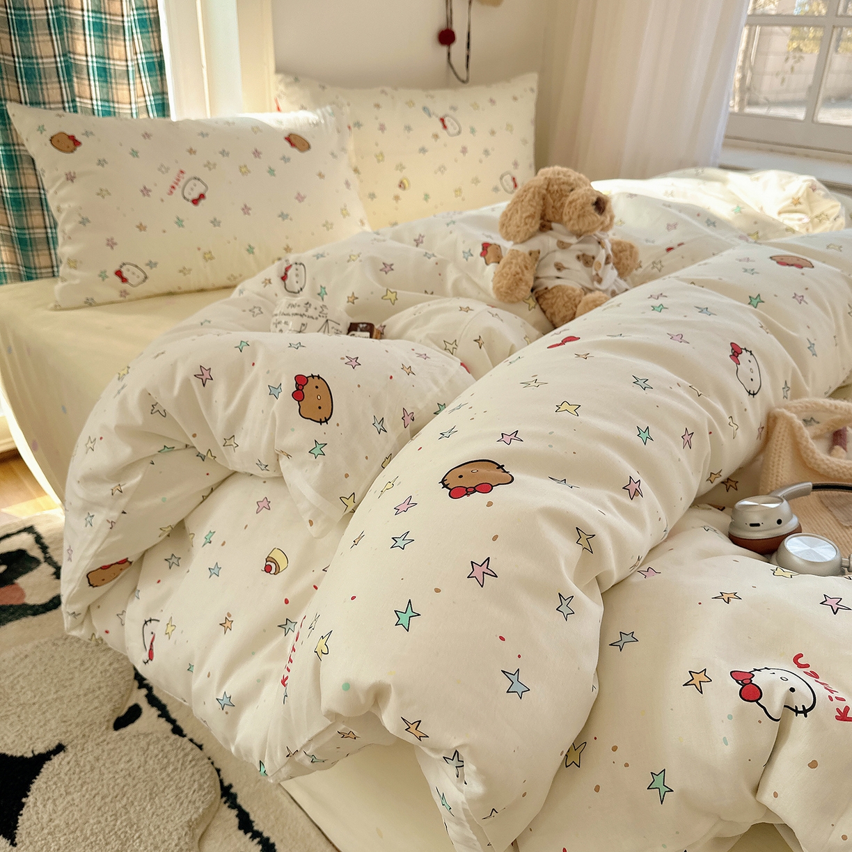 91家纺网 家纺一手货源 找家纺 桃子家居 2026新款ins小清新费尔岛猫咪全棉纯棉印花四件套 棉-星星猫咪