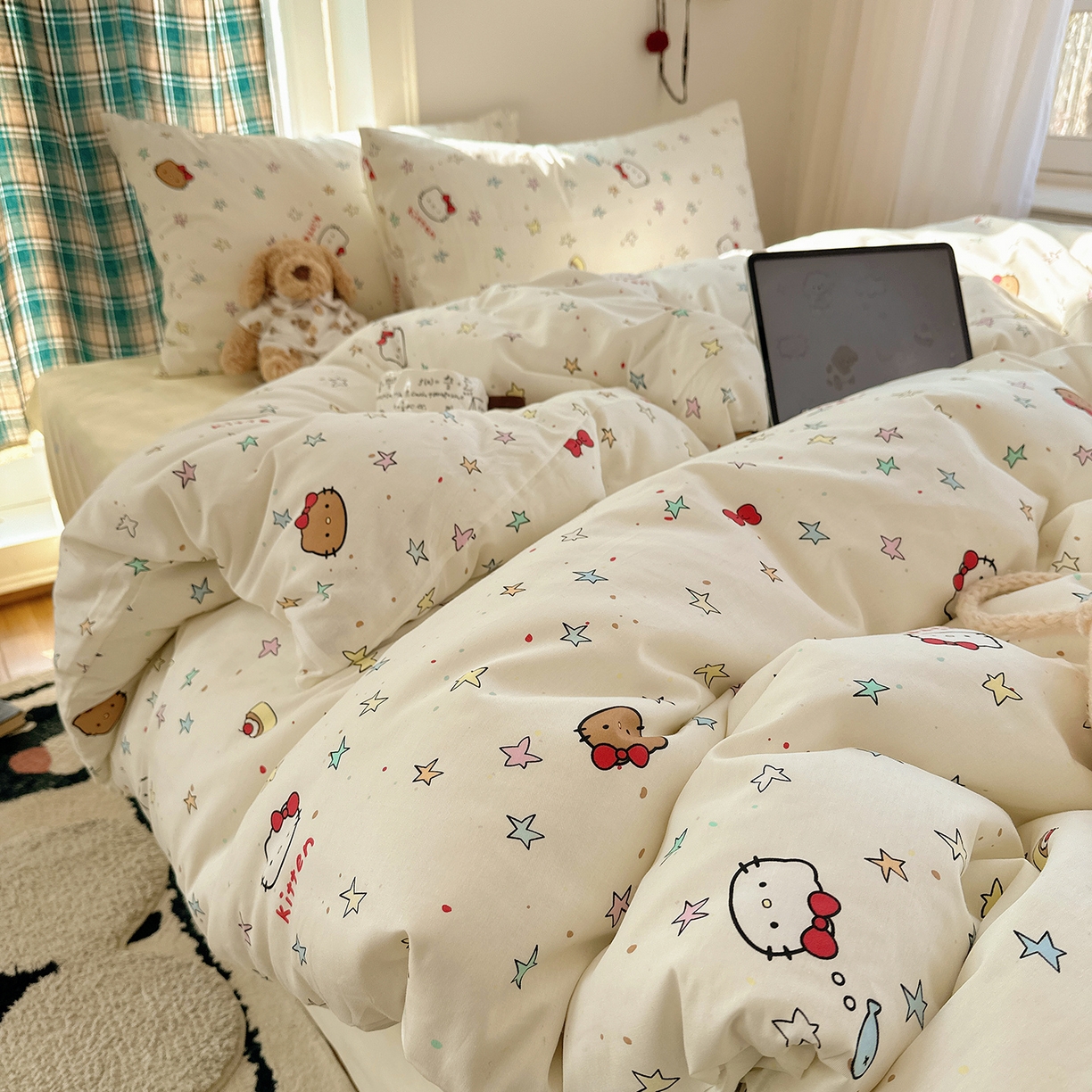 91家纺网 家纺一手货源 找家纺 桃子家居 2026新款ins小清新费尔岛猫咪全棉纯棉印花四件套 棉-星星猫咪