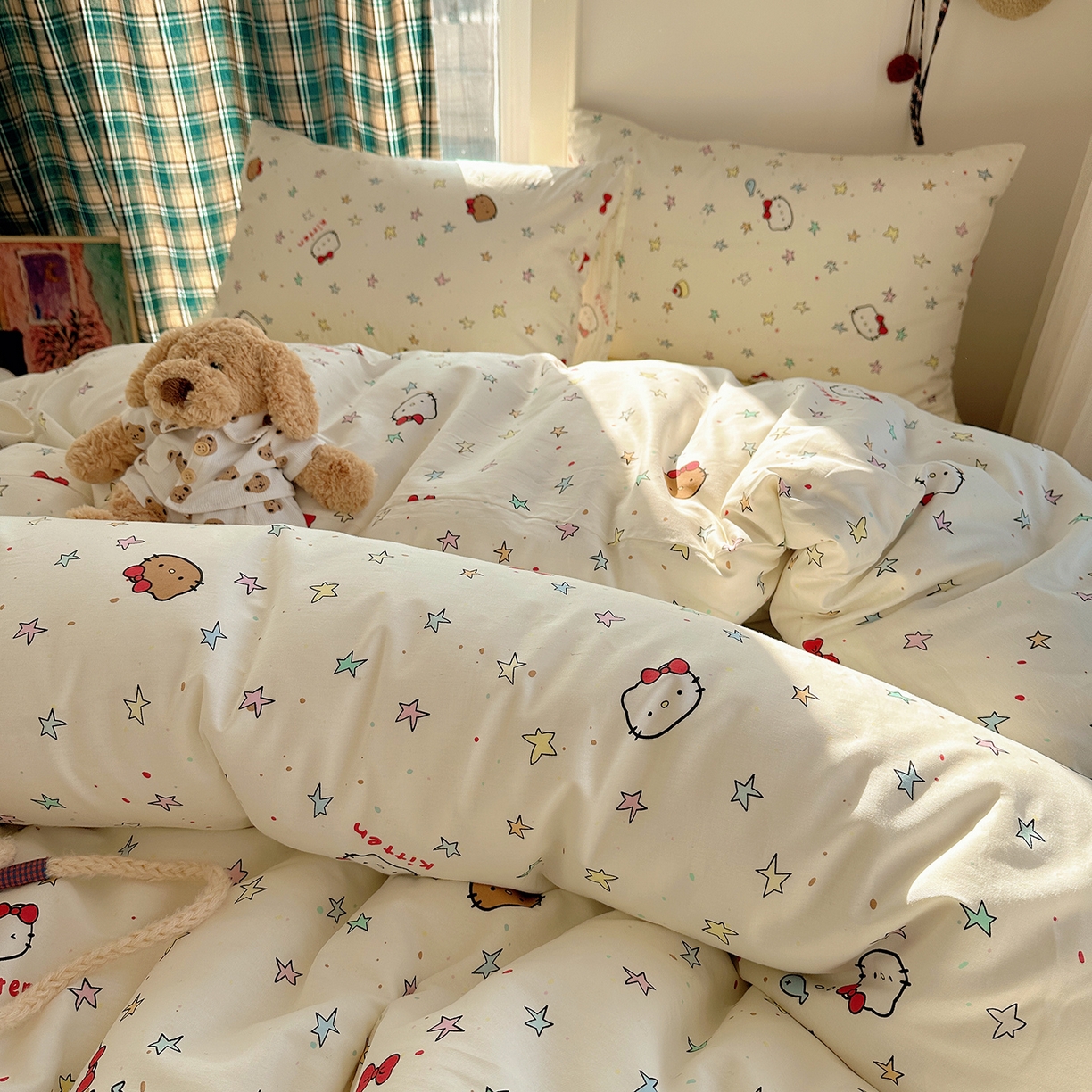 91家纺网 家纺一手货源 找家纺 桃子家居 2026新款ins小清新费尔岛猫咪全棉纯棉印花四件套 棉-星星猫咪