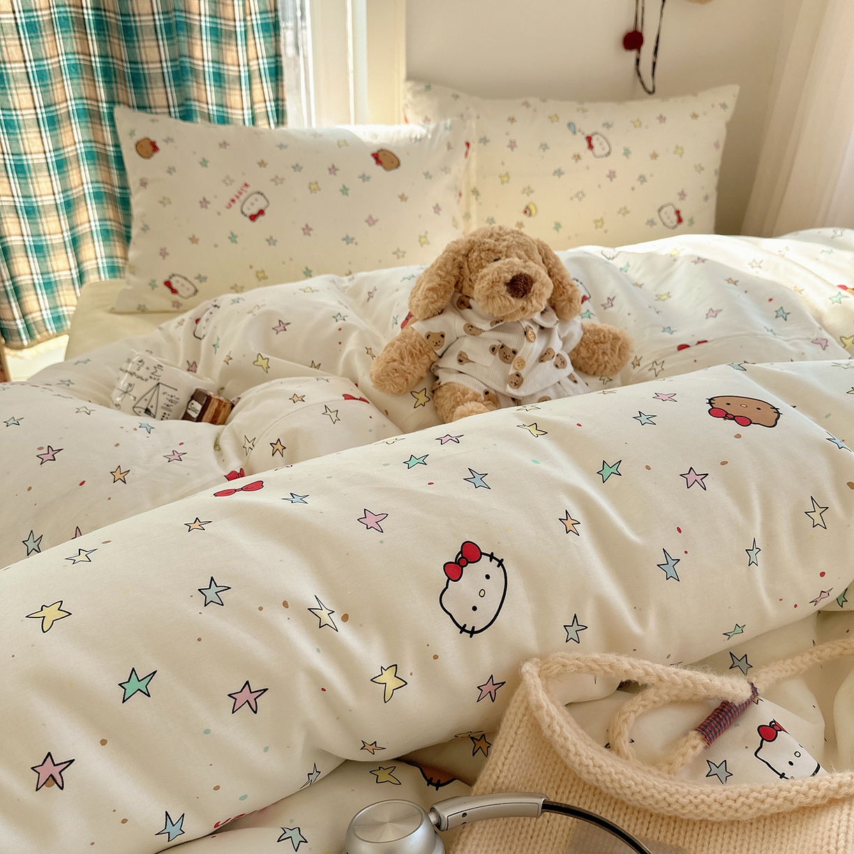 91家纺网 家纺一手货源 找家纺 桃子家居 2026新款ins小清新费尔岛猫咪全棉纯棉印花四件套 棉-星星猫咪