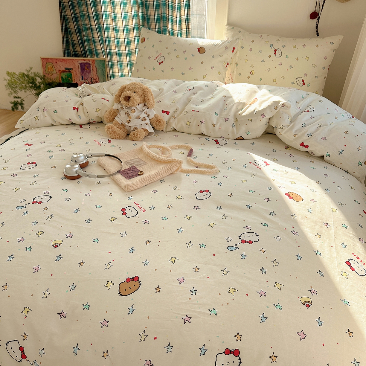 91家纺网 家纺一手货源 找家纺 桃子家居 2026新款ins小清新费尔岛猫咪全棉纯棉印花四件套 棉-星星猫咪