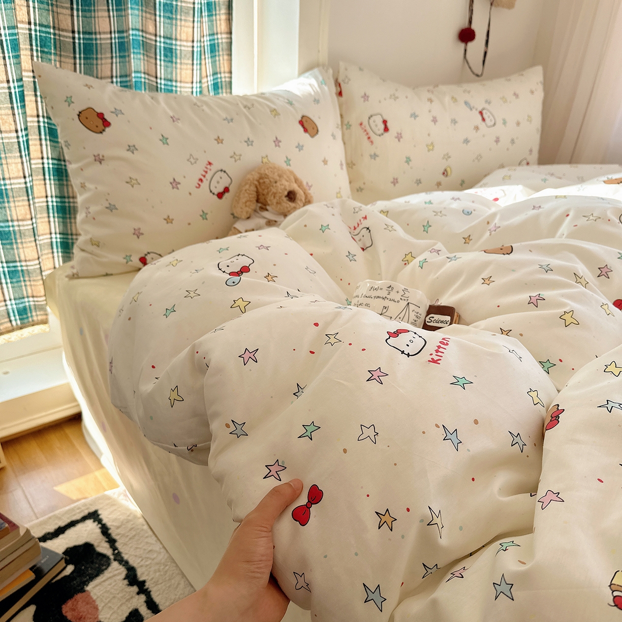 91家纺网 家纺一手货源 找家纺 桃子家居 2026新款ins小清新费尔岛猫咪全棉纯棉印花四件套 棉-星星猫咪