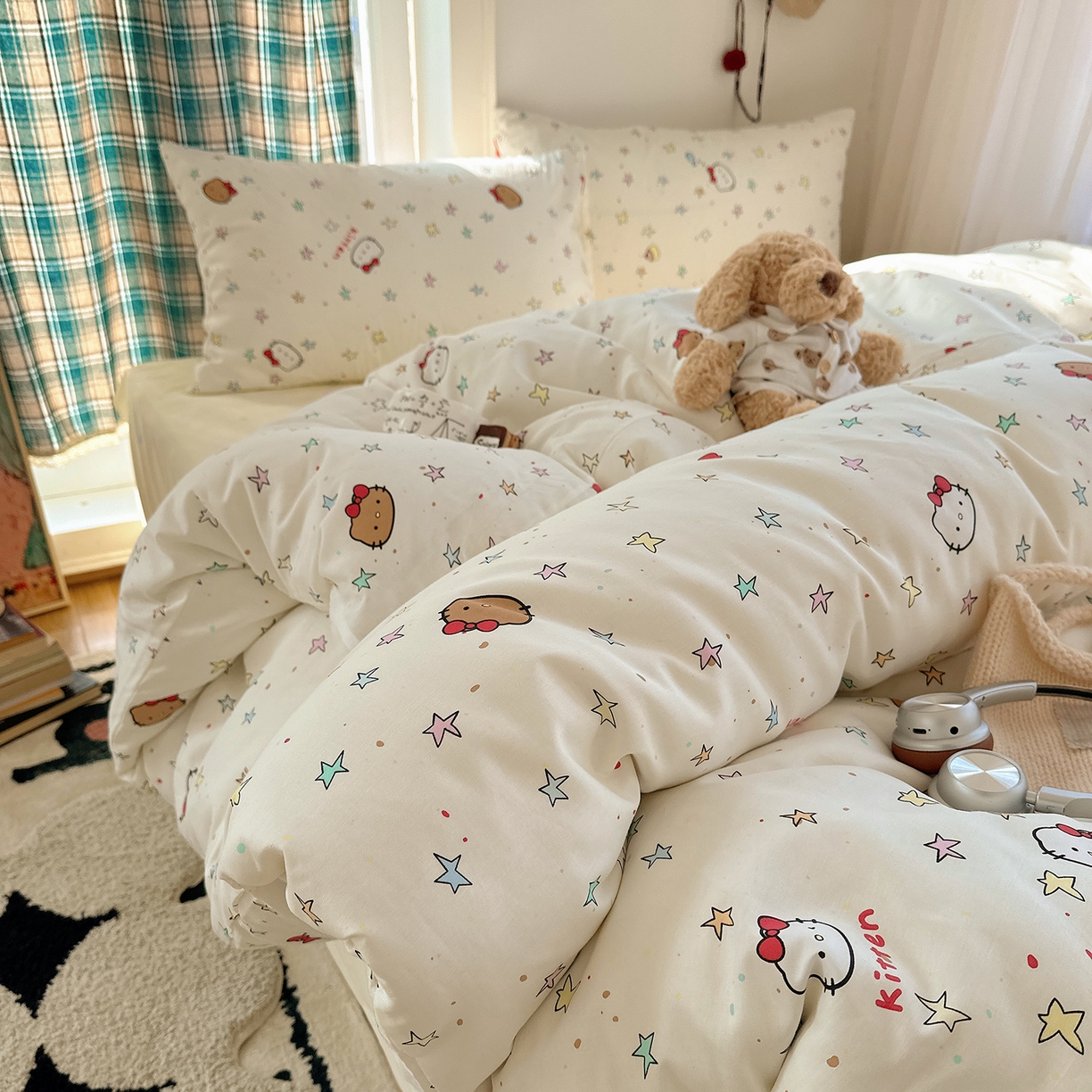 91家纺网 家纺一手货源 找家纺 桃子家居 2026新款ins小清新费尔岛猫咪全棉纯棉印花四件套 棉-星星猫咪