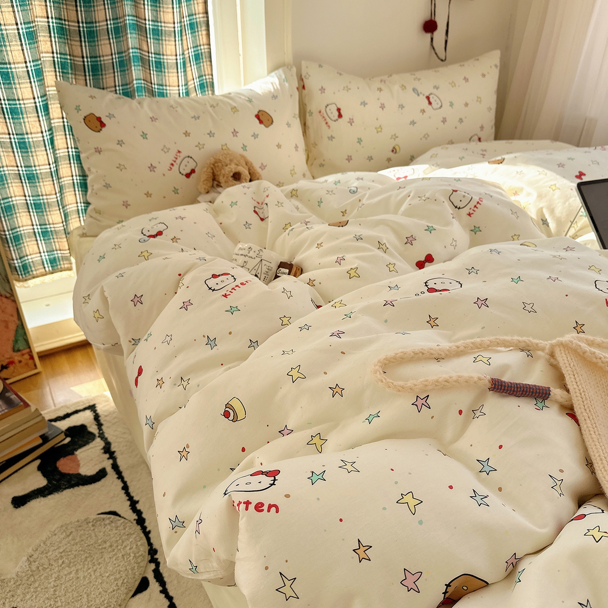 91家纺网 家纺一手货源 找家纺 桃子家居 2026新款ins小清新费尔岛猫咪全棉纯棉印花四件套 棉-星星猫咪