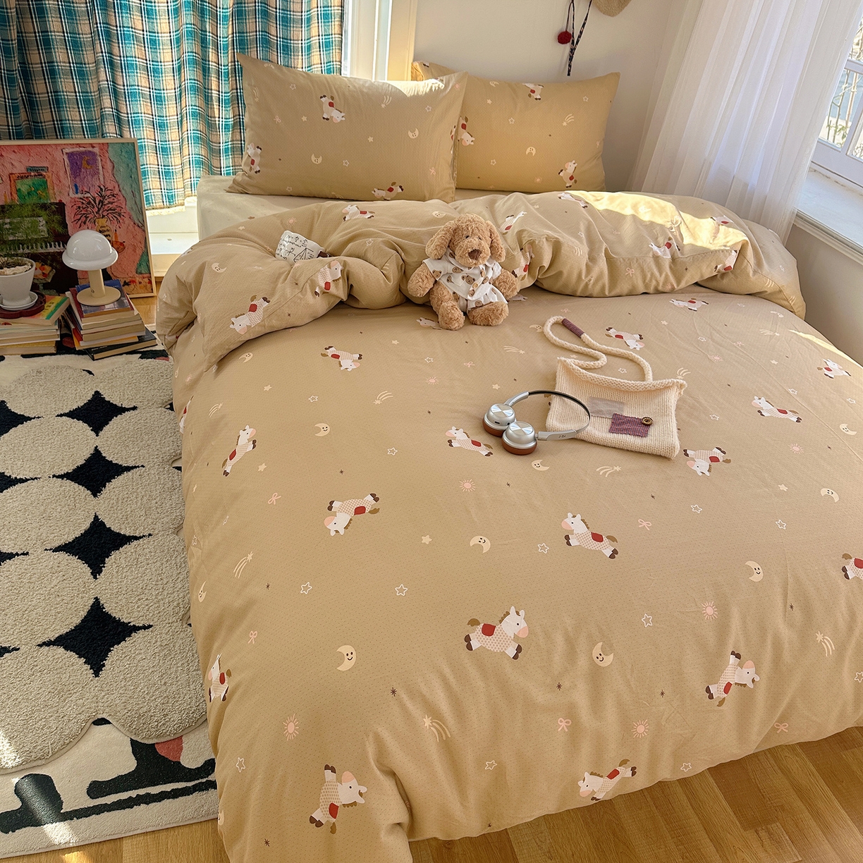 91家纺网 家纺一手货源 找家纺 桃子家居 2026新款ins小清新费尔岛猫咪全棉纯棉印花四件套 棉-星月小马