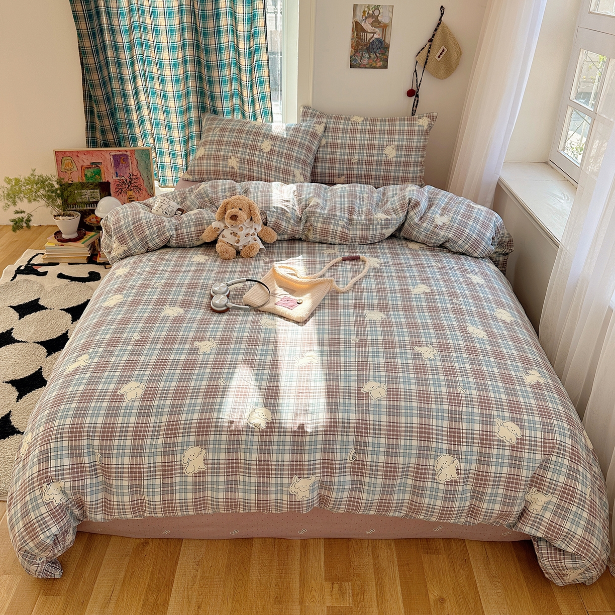 91家纺网 家纺一手货源 找家纺 桃子家居 2026新款ins小清新费尔岛猫咪全棉纯棉印花四件套 棉-紫格梦幻狗