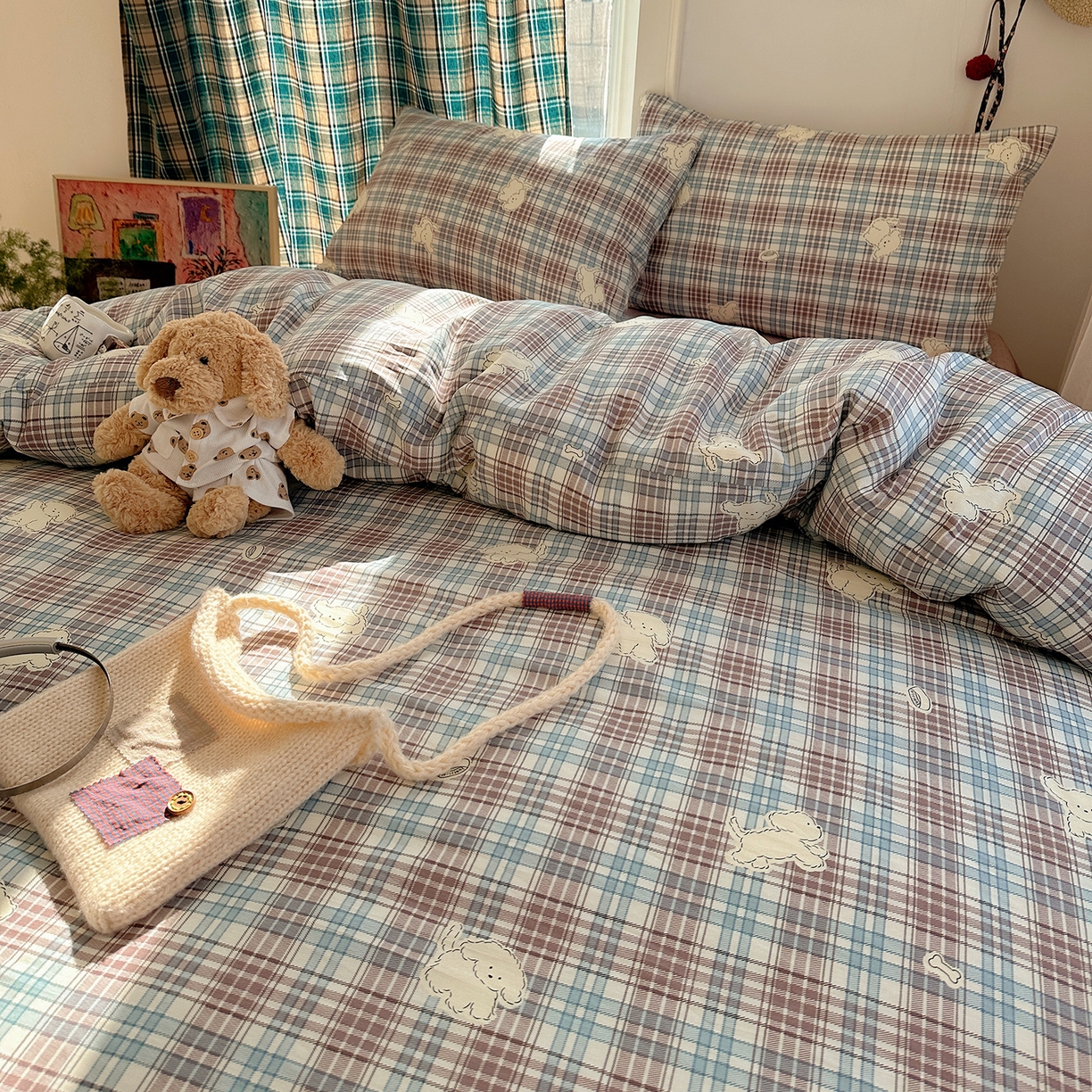 91家纺网 家纺一手货源 找家纺 桃子家居 2026新款ins小清新费尔岛猫咪全棉纯棉印花四件套 棉-紫格梦幻狗