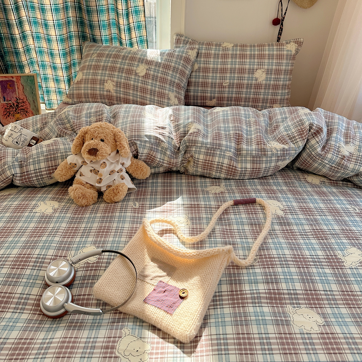 91家纺网 家纺一手货源 找家纺 桃子家居 2026新款ins小清新费尔岛猫咪全棉纯棉印花四件套 棉-紫格梦幻狗