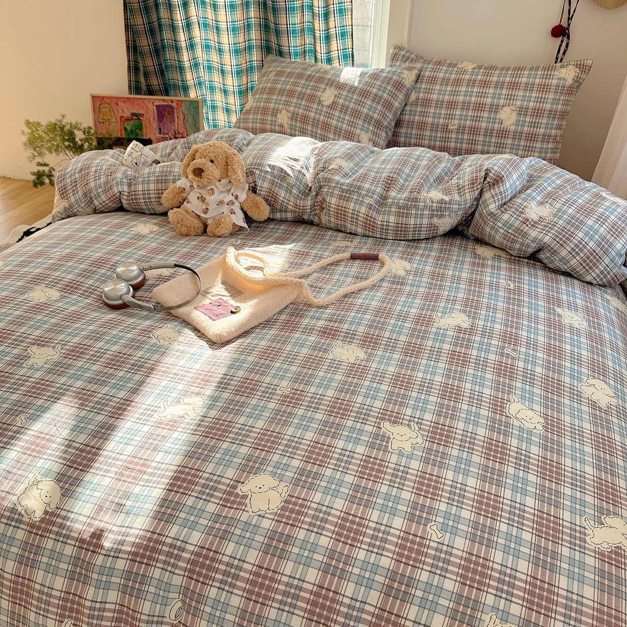 91家纺网 家纺一手货源 找家纺 桃子家居 2026新款ins小清新费尔岛猫咪全棉纯棉印花四件套 棉-紫格梦幻狗