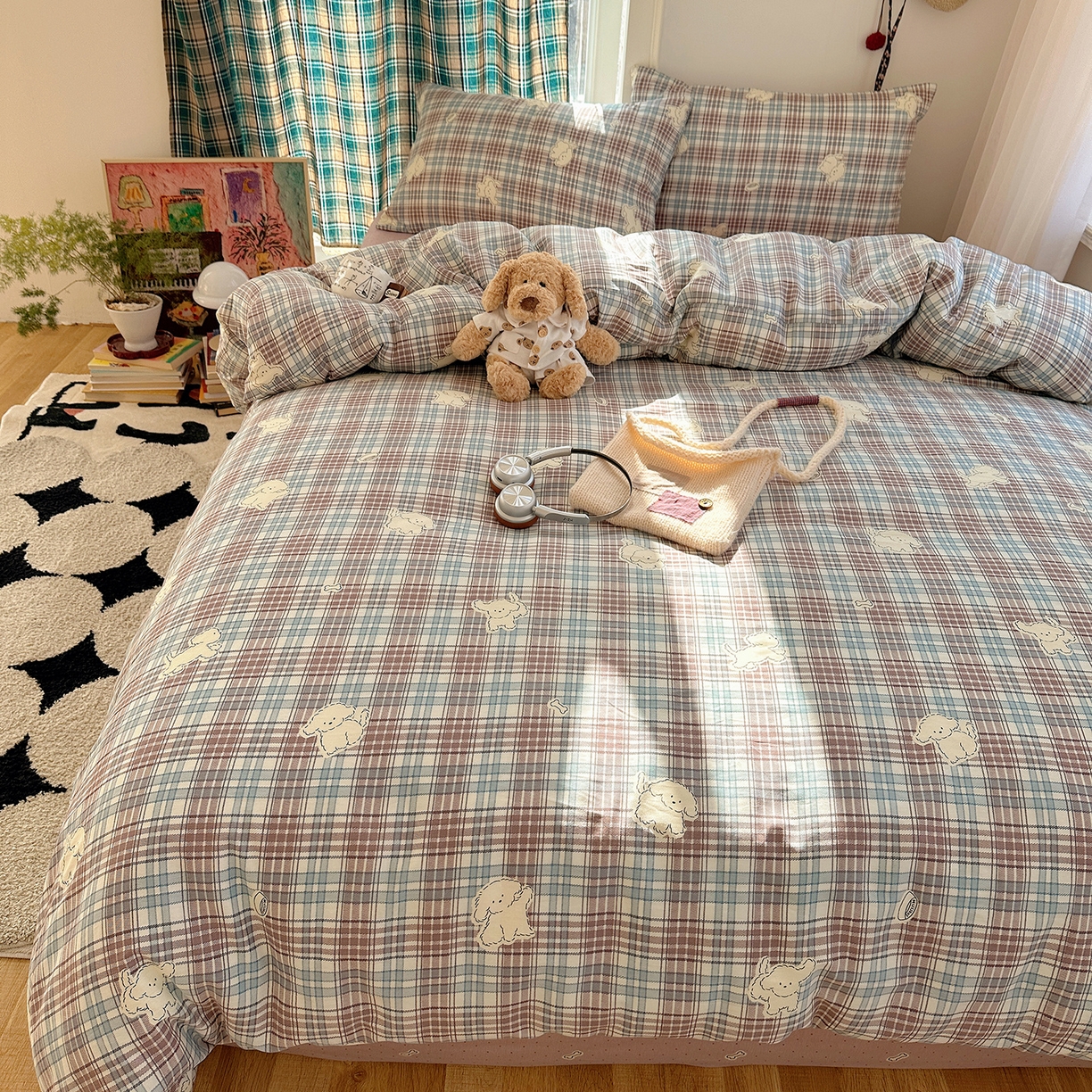 91家纺网 家纺一手货源 找家纺 桃子家居 2026新款ins小清新费尔岛猫咪全棉纯棉印花四件套 棉-紫格梦幻狗