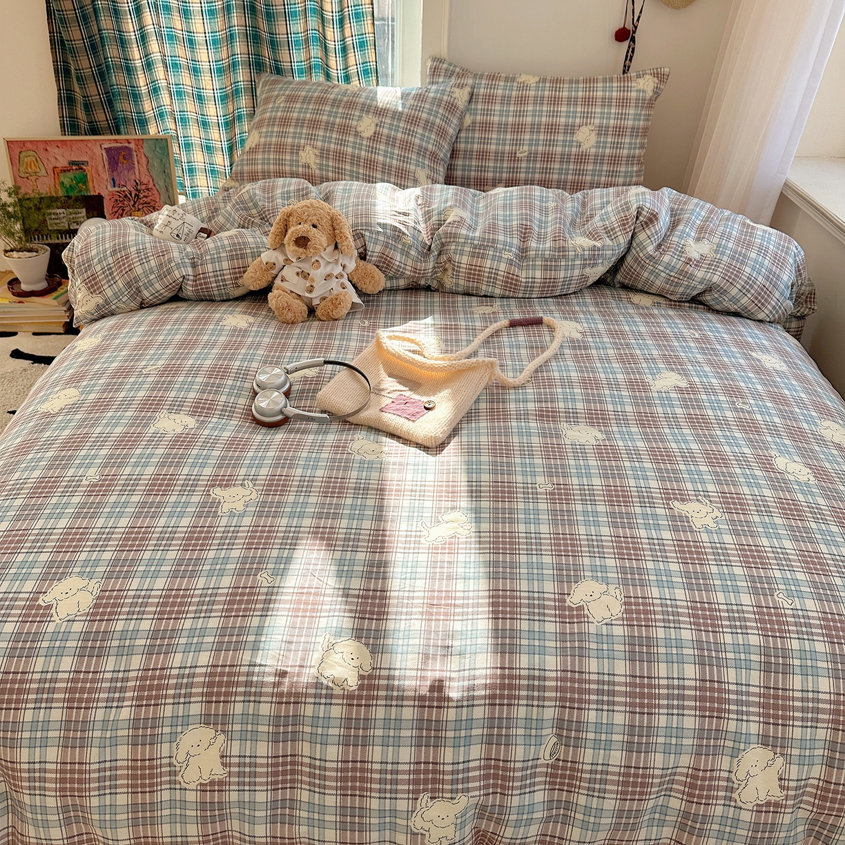 91家纺网 家纺一手货源 找家纺 桃子家居 2026新款ins小清新费尔岛猫咪全棉纯棉印花四件套 棉-紫格梦幻狗