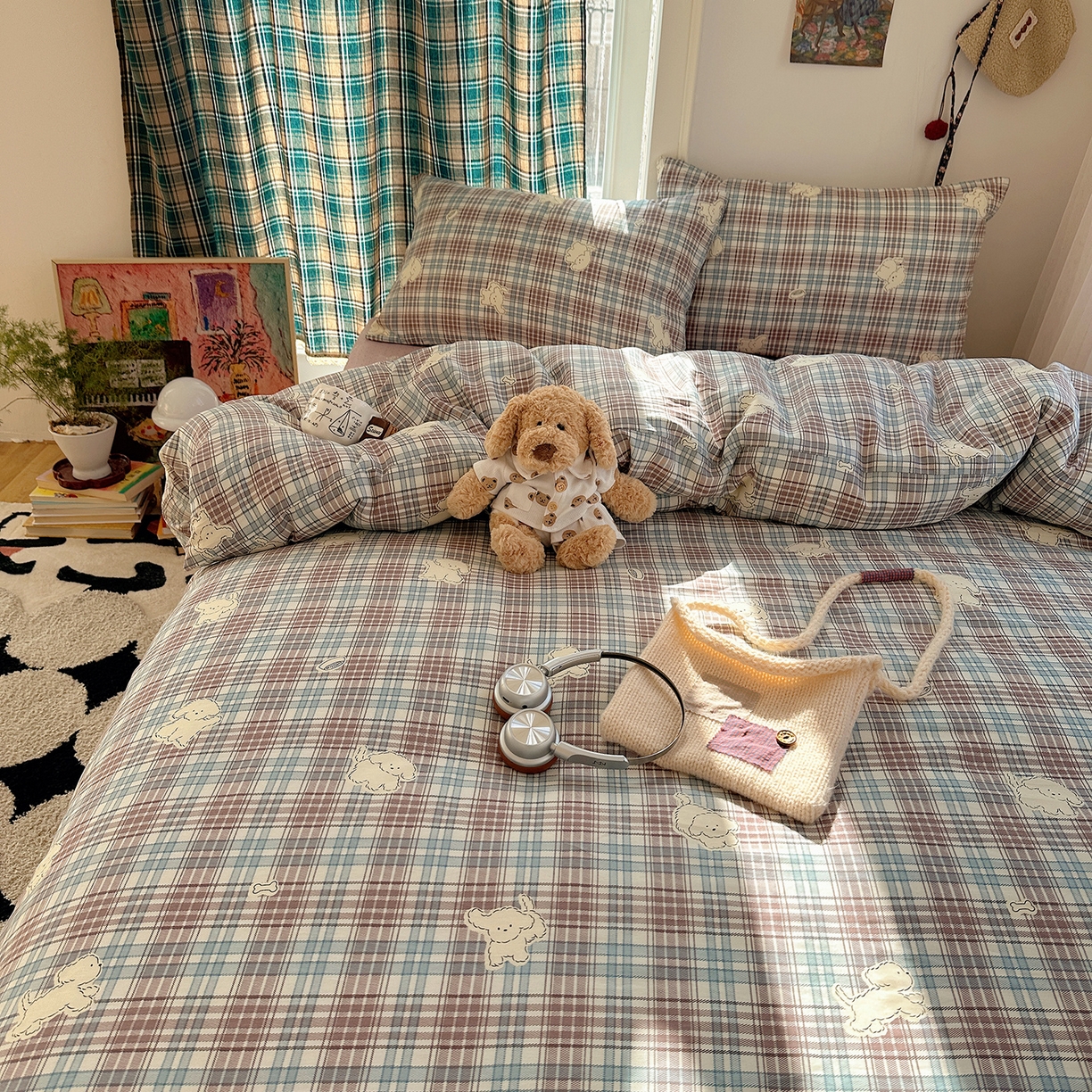 91家纺网 家纺一手货源 找家纺 桃子家居 2026新款ins小清新费尔岛猫咪全棉纯棉印花四件套 棉-紫格梦幻狗