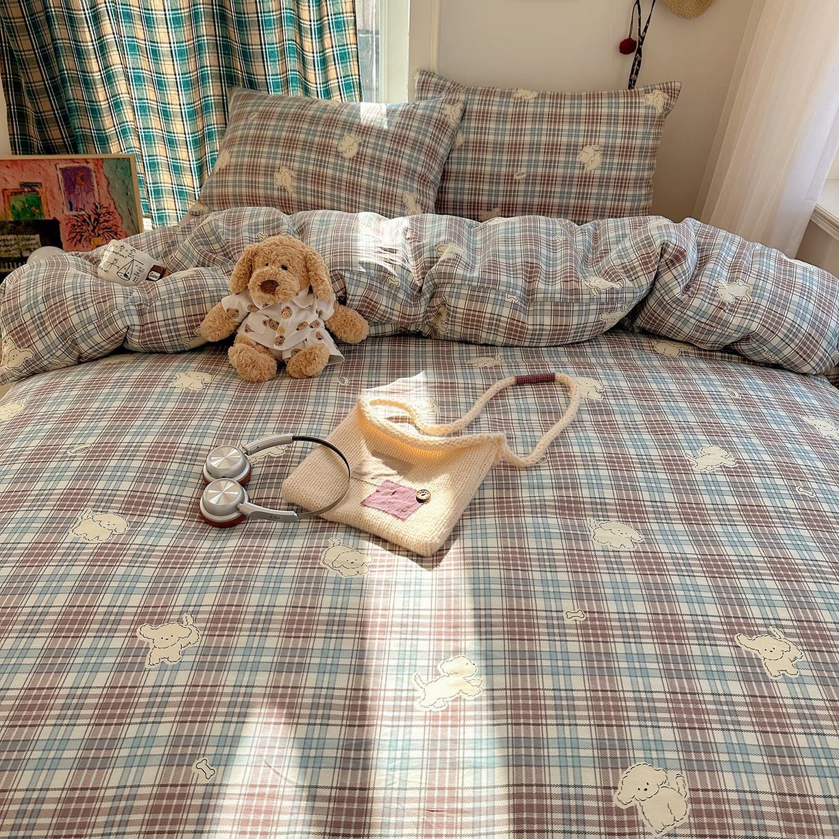 91家纺网 家纺一手货源 找家纺 桃子家居 2026新款ins小清新费尔岛猫咪全棉纯棉印花四件套 棉-紫格梦幻狗