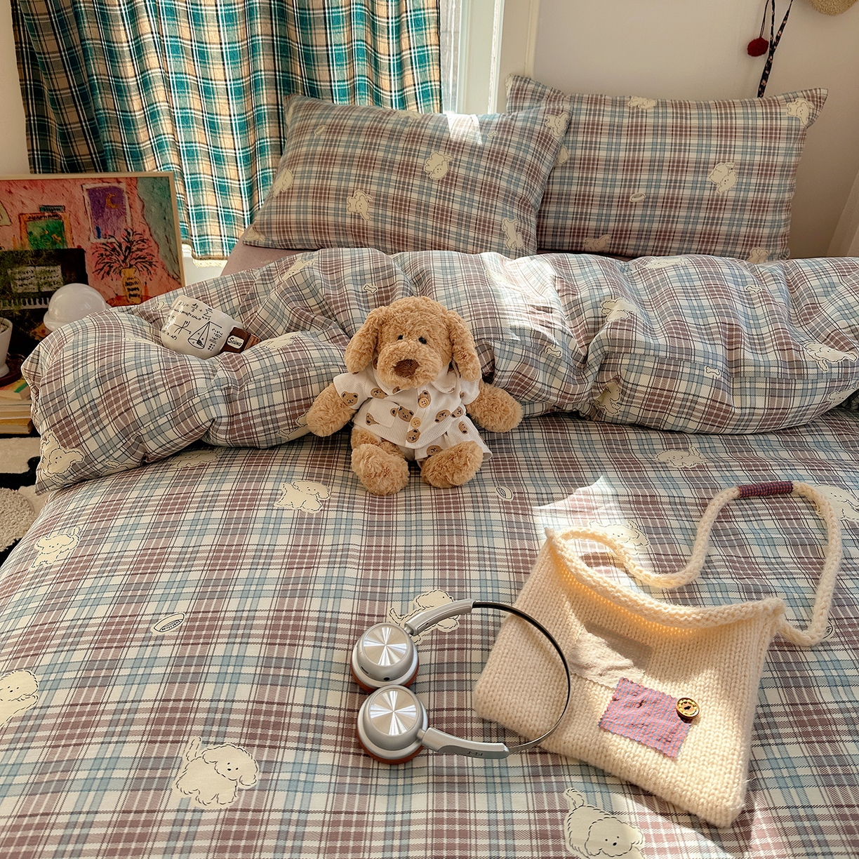 91家纺网 家纺一手货源 找家纺 桃子家居 2026新款ins小清新费尔岛猫咪全棉纯棉印花四件套 棉-紫格梦幻狗