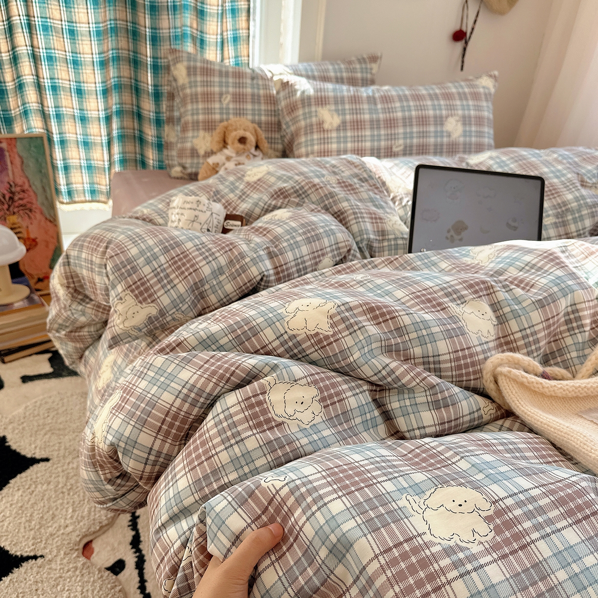 91家纺网 家纺一手货源 找家纺 桃子家居 2026新款ins小清新费尔岛猫咪全棉纯棉印花四件套 棉-紫格梦幻狗