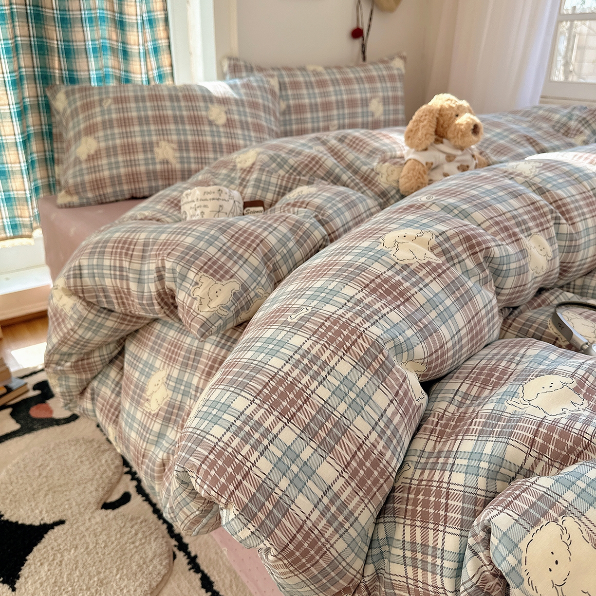 91家纺网 家纺一手货源 找家纺 桃子家居 2026新款ins小清新费尔岛猫咪全棉纯棉印花四件套 棉-紫格梦幻狗