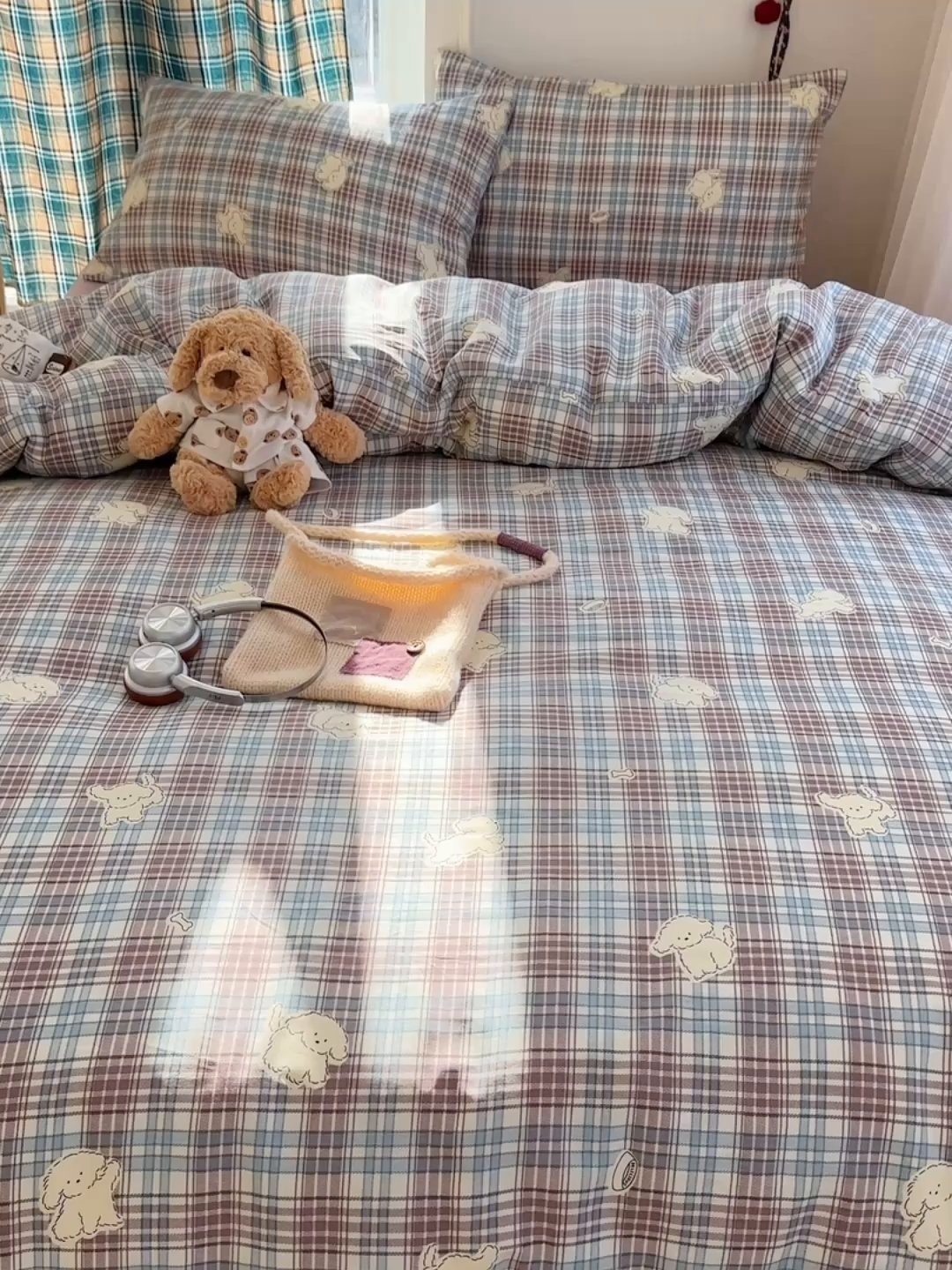 91家纺网 家纺一手货源 找家纺 桃子家居 2026新款ins小清新费尔岛猫咪全棉纯棉印花四件套 棉-紫格梦幻狗