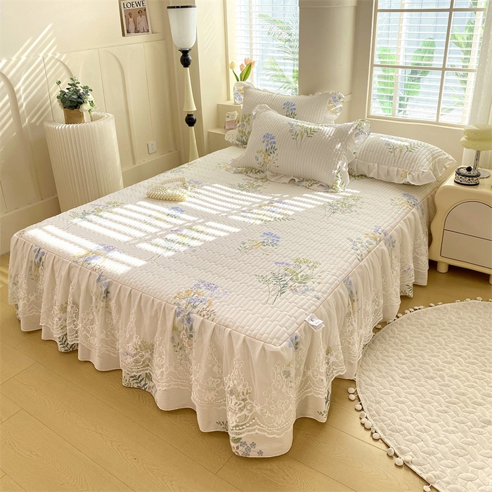 乐逸家纺 2025新款100%纯棉全棉印花法式风情蕾丝花边床裙床盖 枫丹白露