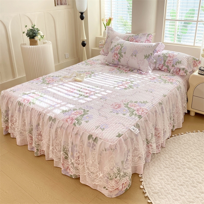 乐逸家纺 2025新款100%纯棉全棉印花法式风情蕾丝花边床裙床盖 宫廷庄园-粉