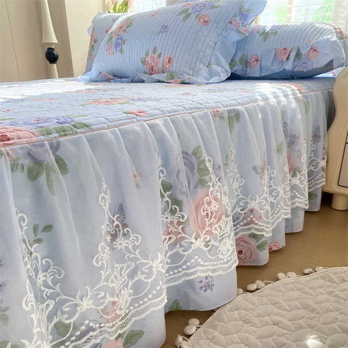 91家纺网 家纺一手货源 找家纺 乐逸家纺 2025新款100%纯棉全棉印花法式风情蕾丝花边床裙床盖 梦之蝶