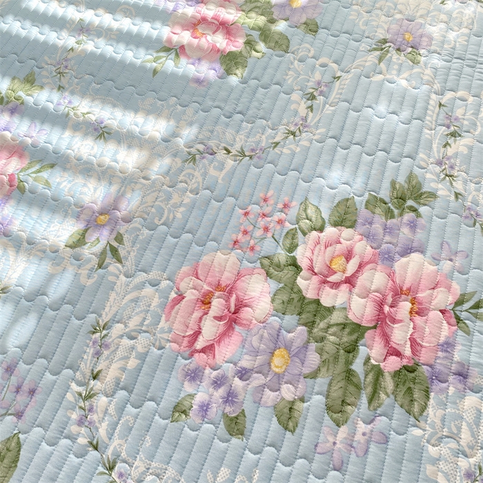 91家纺网 家纺一手货源 找家纺 乐逸家纺 2025新款100%纯棉全棉印花法式风情蕾丝花边床裙床盖 诺曼底庄园-蓝