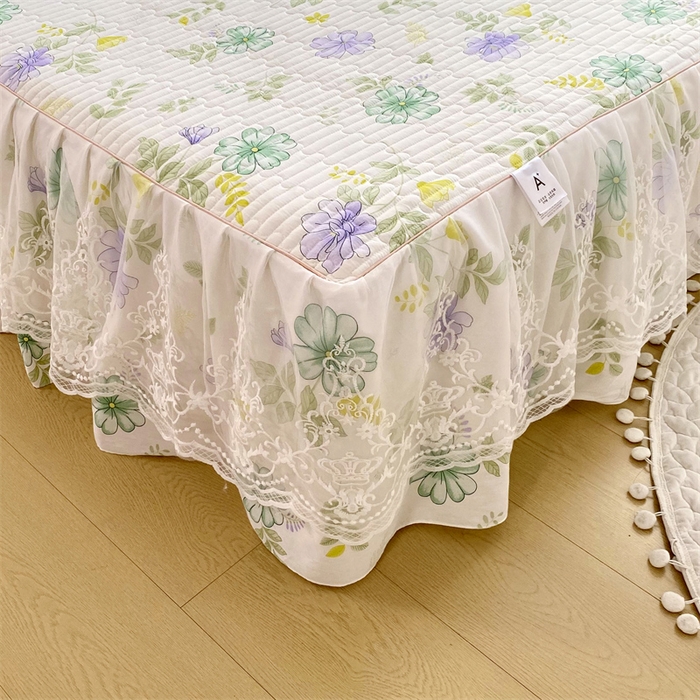 91家纺网 家纺一手货源 找家纺 乐逸家纺 2025新款100%纯棉全棉印花法式风情蕾丝花边床裙床盖 柔风铃兰花瓣