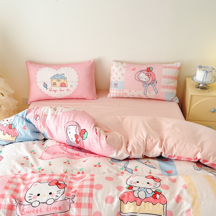 91家纺网 家纺一手货源 找家纺 海岛哥哥 2025新款大版印花云感双层纱四件套 方格猫猫