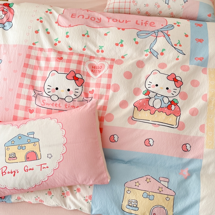 91家纺网 家纺一手货源 找家纺 海岛哥哥 2025新款大版印花云感双层纱四件套 方格猫猫