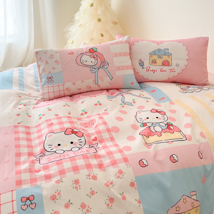 91家纺网 家纺一手货源 找家纺 海岛哥哥 2025新款大版印花云感双层纱四件套 方格猫猫