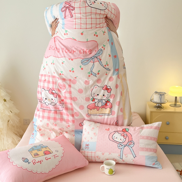 91家纺网 家纺一手货源 找家纺 海岛哥哥 2025新款大版印花云感双层纱四件套 方格猫猫