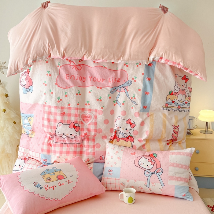 91家纺网 家纺一手货源 找家纺 海岛哥哥 2025新款大版印花云感双层纱四件套 方格猫猫